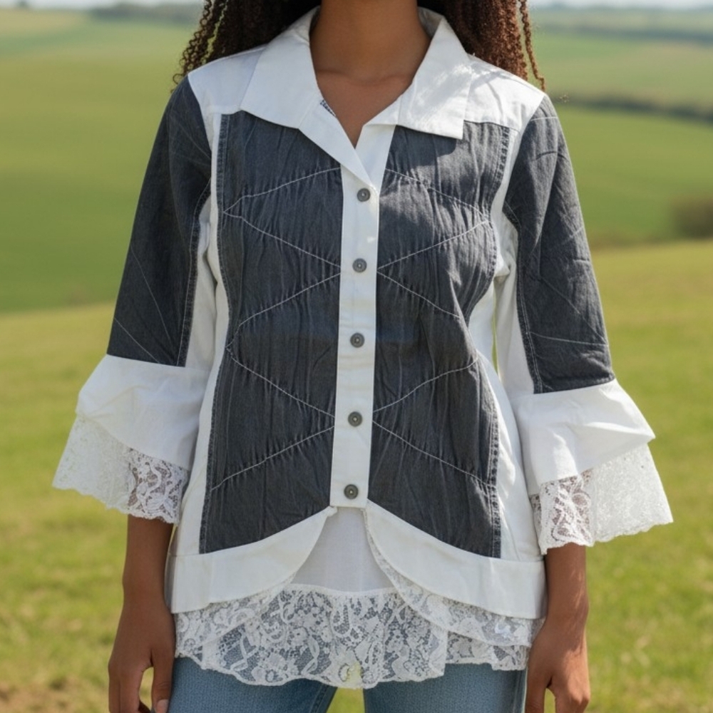 NEW! Parsley & Sage S Gray and White Lace-Trim Button Front Shirt 4329